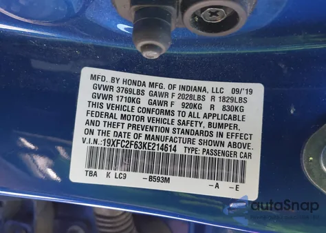 2019 Honda Civic Lx из США, поврежденный, VIN 19XFC2F63KE214614
